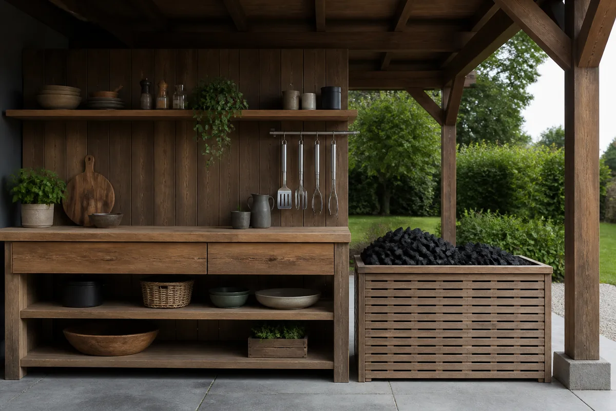 Coffre à charbon en bois ventilé et plan de travail abrités sous une toiture ouverte de jardin