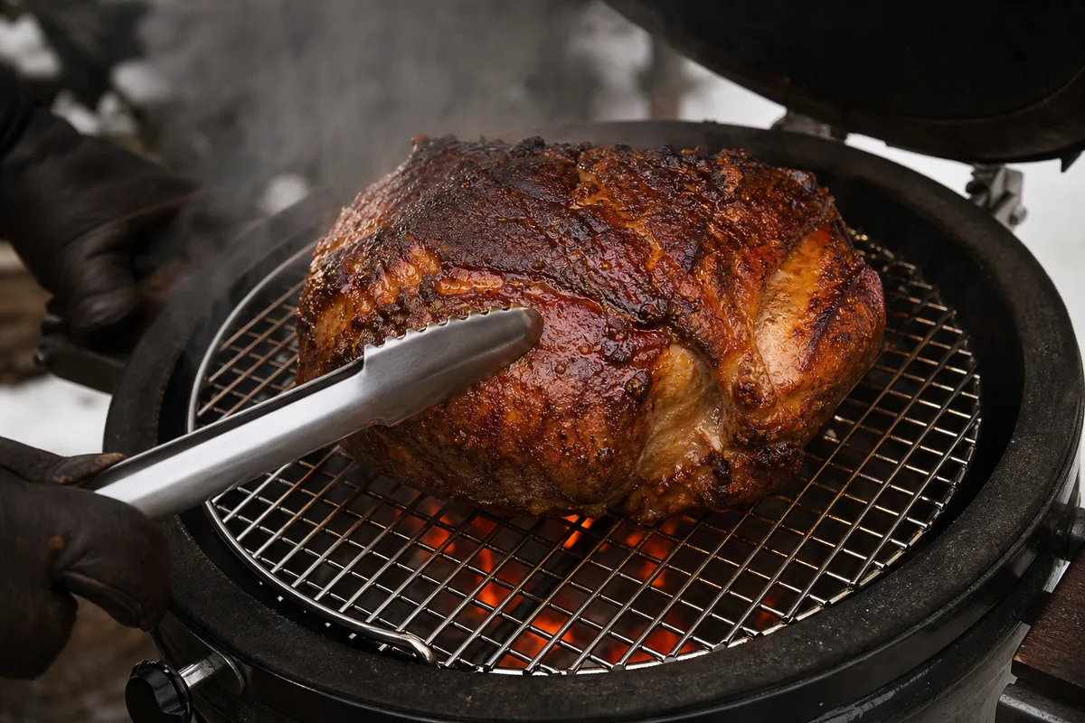 Épaule de porc en cuisson longue sur la grille d&rsquo;un kamado ouvert par temps froid