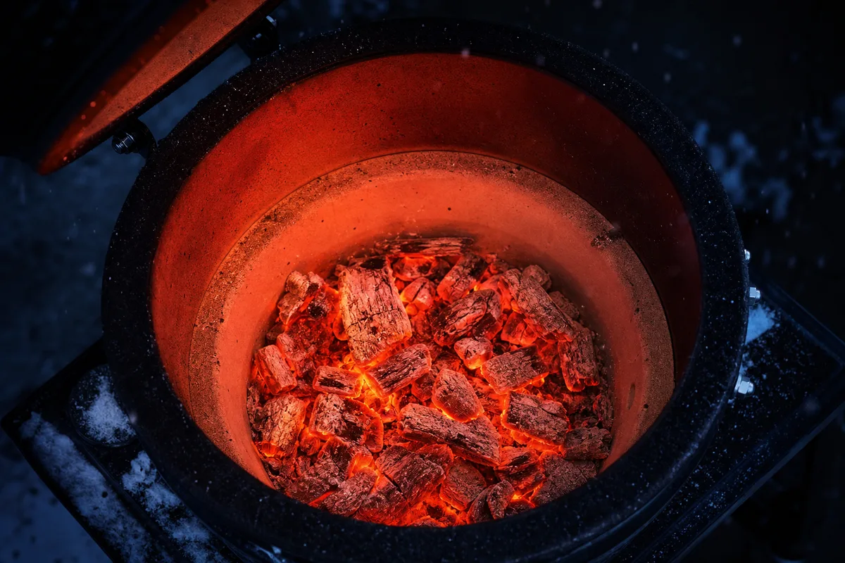 Braises rougeoyantes dans le foyer céramique d&rsquo;un kamado ouvert le soir en hiver