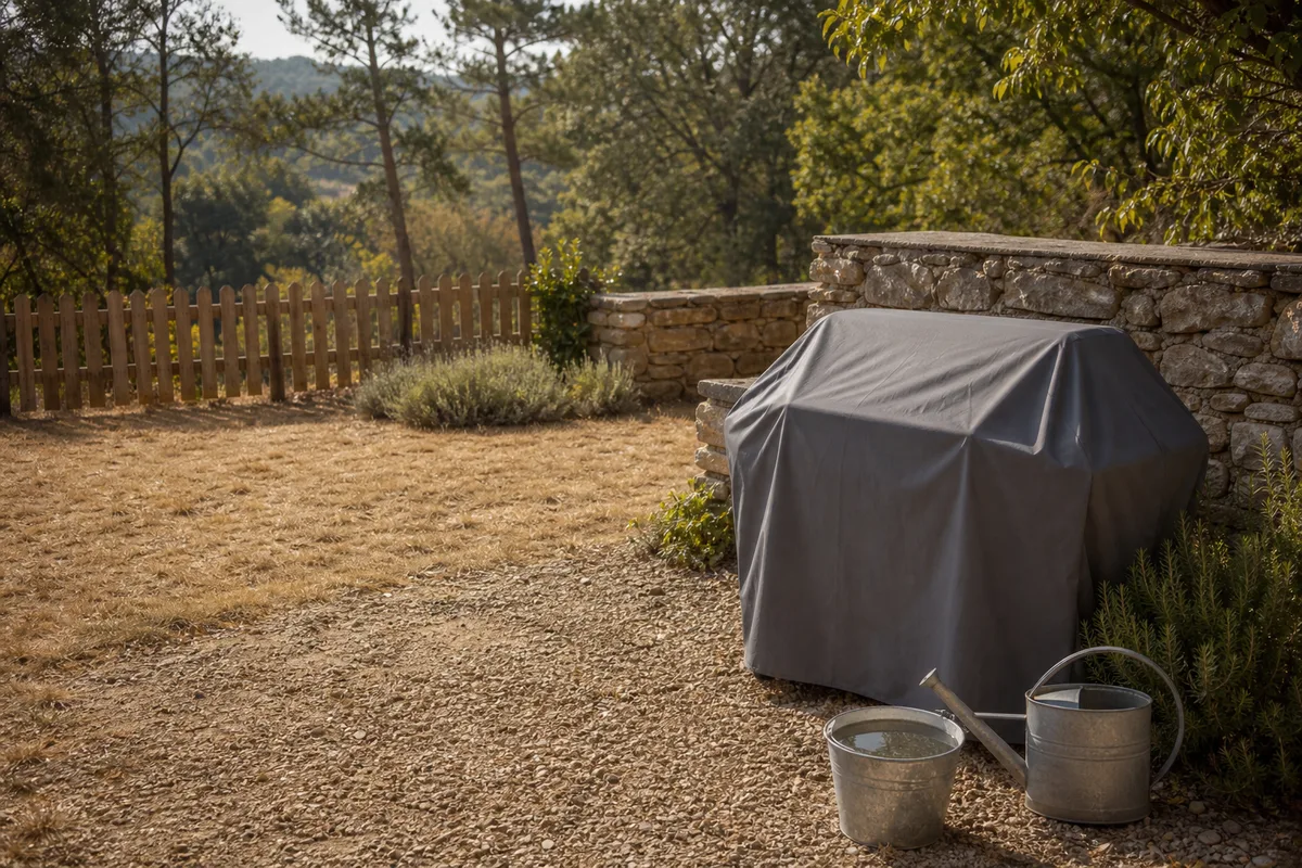 Jardin pavillonnaire français avec un barbecue céramique installé près d’une haie mitoyenne