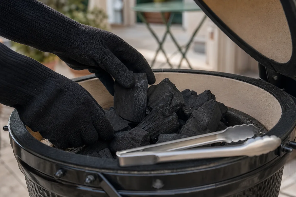 Mains gantées disposant du charbon de bois dans un foyer de barbecue sur une terrasse