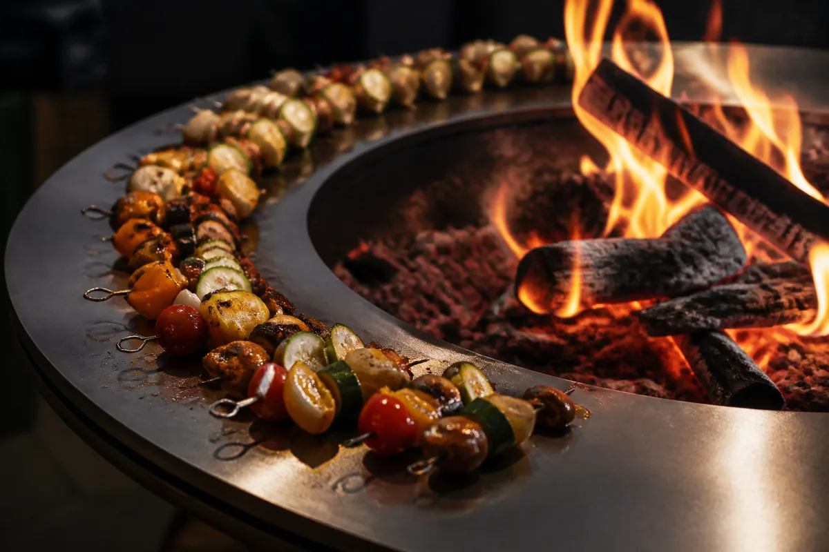 Brasero plancha rond en acier patiné, flammes au centre du foyer et légumes en cours de cuisson sur la couronne
