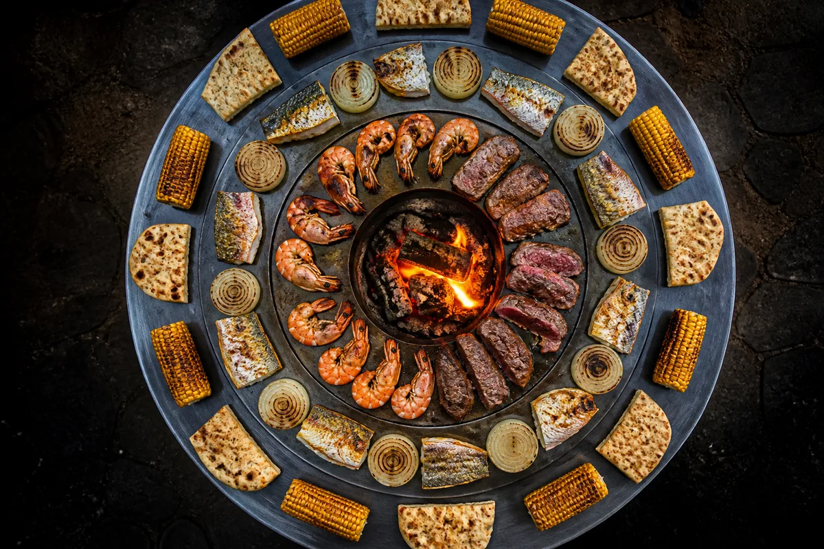 Vue en plongée sur une couronne de cuisson en acier lisse, gambas et poivrons répartis du bord intérieur vers le bord extérieur