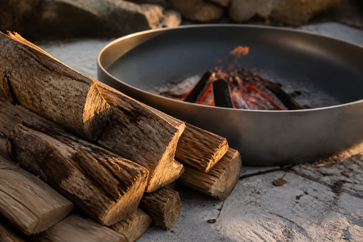 Bûches de bois dur empilées près d’un foyer central en acier avec des braises rougeoyantes, lumière de fin de journée