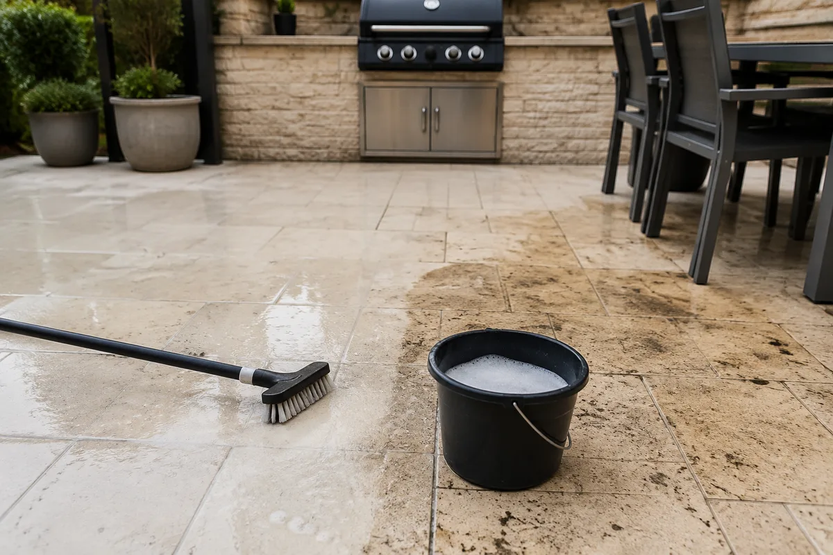 Terrasse et mobilier de jardin nettoyés autour d&rsquo;un barbecue en fin de saison