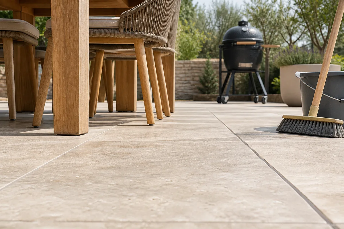 Table de repas dressée sur une terrasse en dalles claires avec un barbecue kamado noir posé en retrait sur le côté