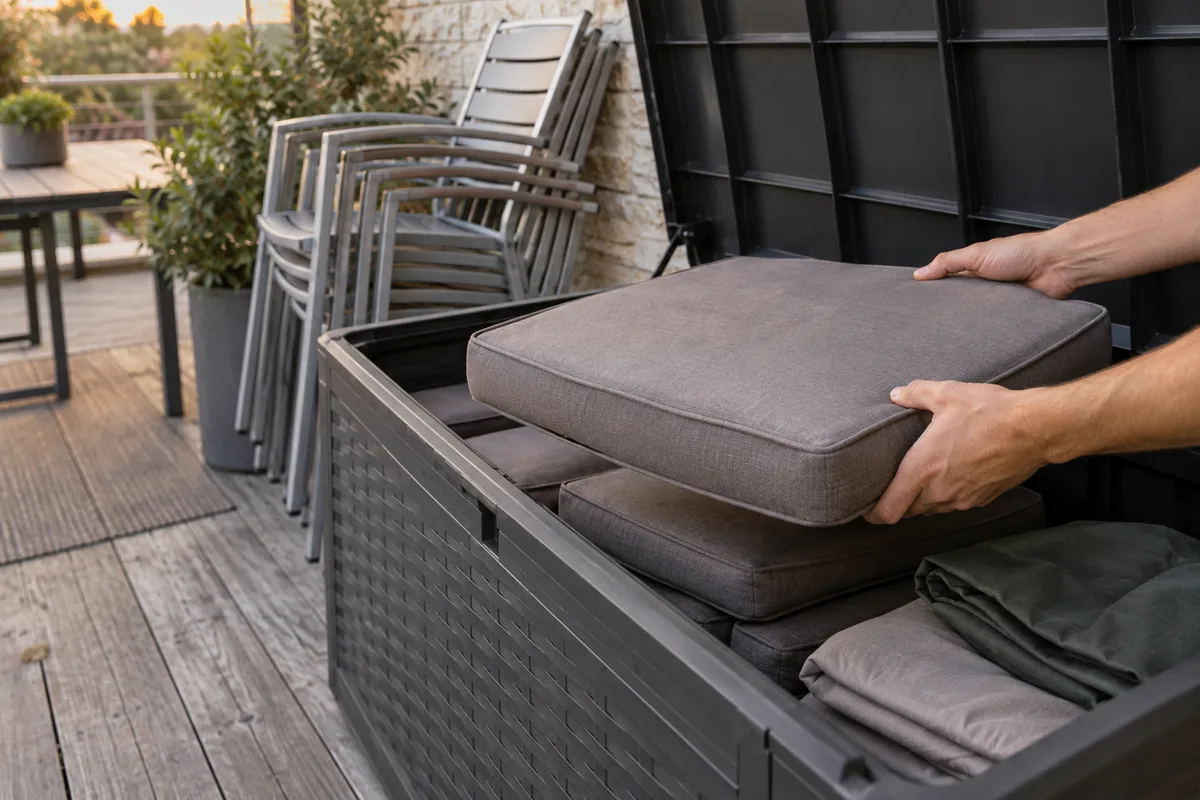 Chaises de jardin empilées près d&rsquo;une table de terrasse et coussins rangés dans un coffre ouvert
