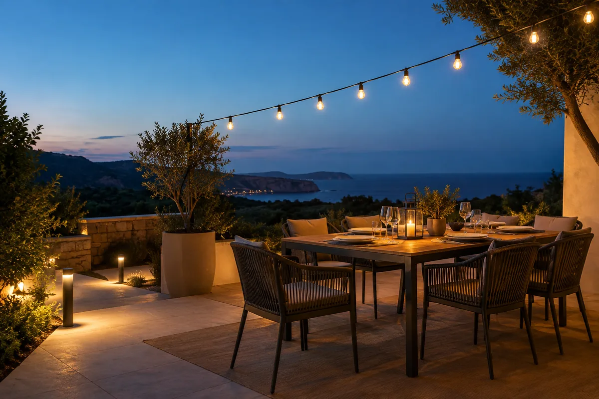Guirlande lumineuse tendue au dessus d&rsquo;une table de terrasse dressée à la tombée du jour