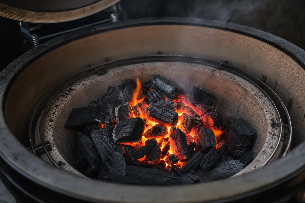 Braises rougeoyantes dans le foyer en céramique d&rsquo;un kamado ouvert, fine fumée montant vers le dôme