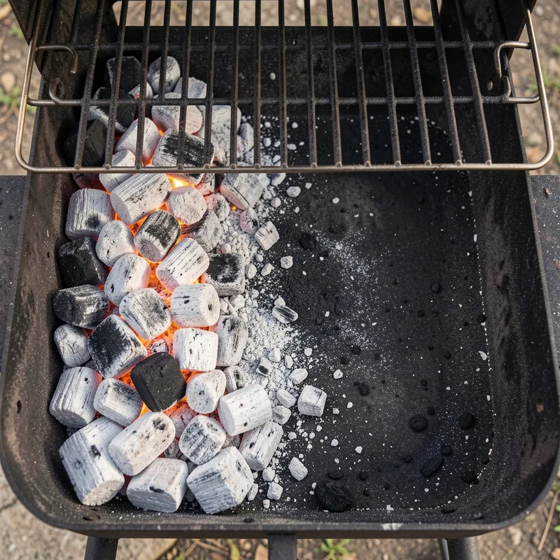 Grille de barbecue montrant une zone de braises rougeoyantes à gauche et un espace libre à droite