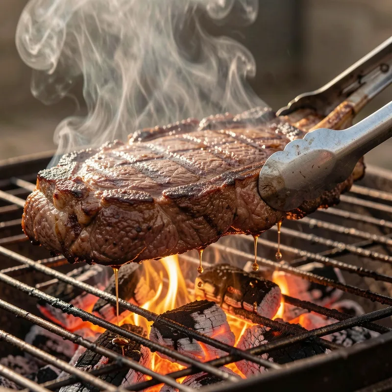 Côte de boeuf épaisse saisie sur des braises vives après une phase de cuisson douce