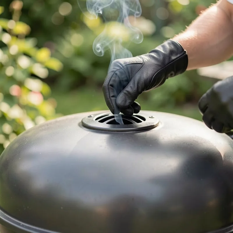 Mains gantées ajustant l’évent supérieur d’un barbecue à couvercle fermé