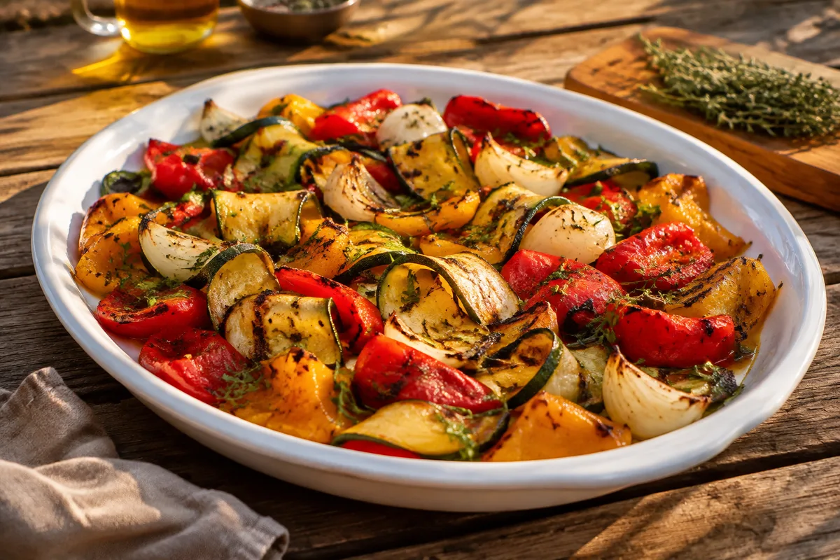 Poivrons et courgettes grillés servis dans un plat sur une table extérieure