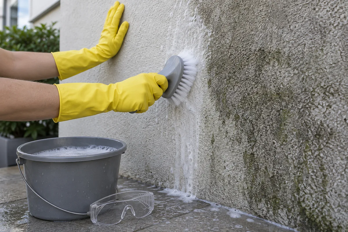 Mains gantées lavant un mur enduit clair avec une brosse souple et un seau d&rsquo;eau savonneuse