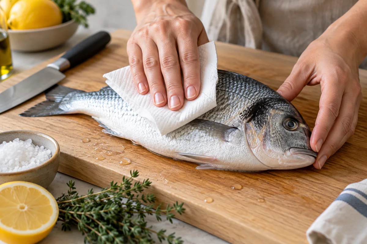 Mains qui sèchent au papier absorbant la peau d&rsquo;une dorade entière avant la grillade