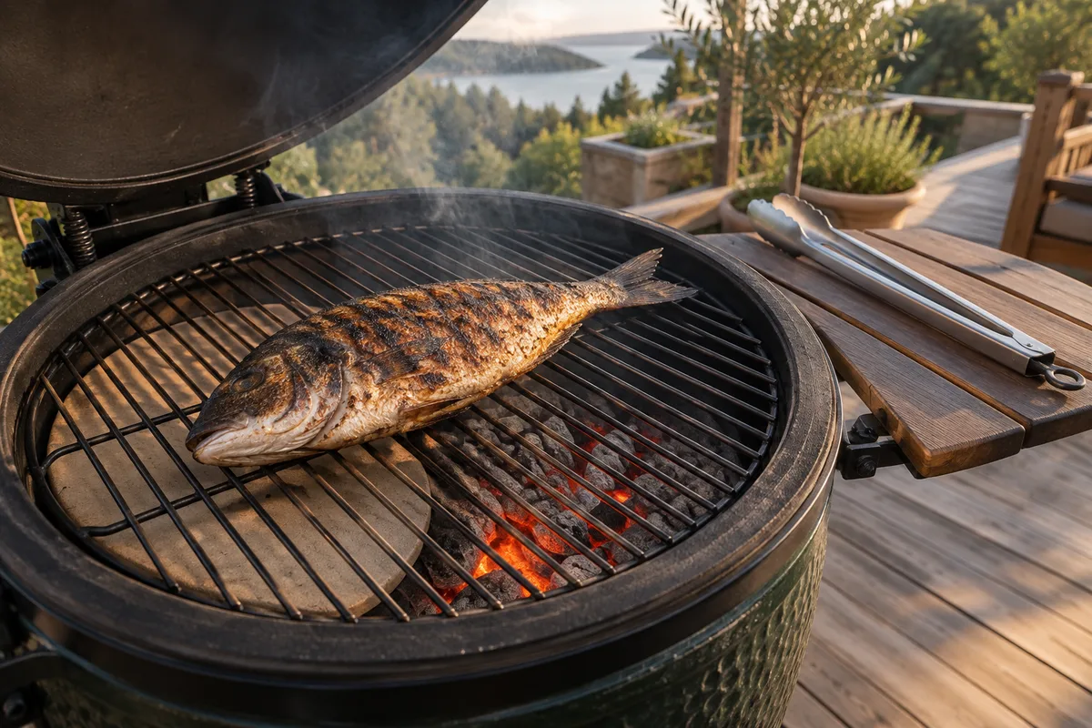 Poisson entier posé sur la grille d&rsquo;un kamado ouvert au-dessus de braises incandescentes