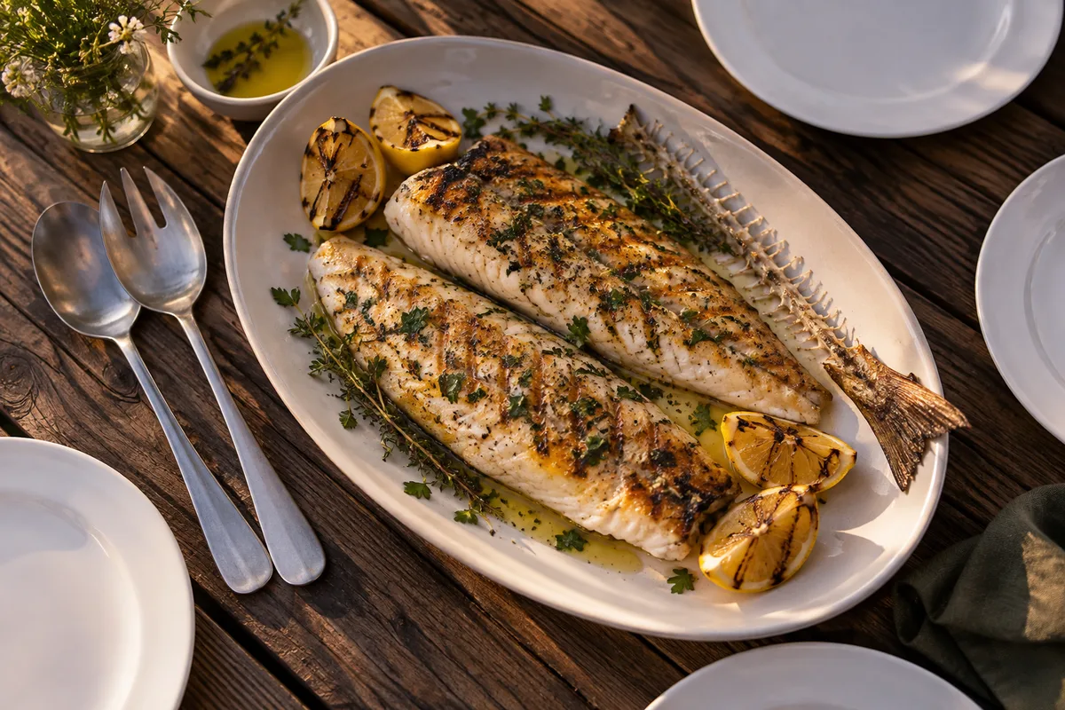 Filets levés d&rsquo;un poisson grillé servis dans un plat avec citron et herbes fraîches