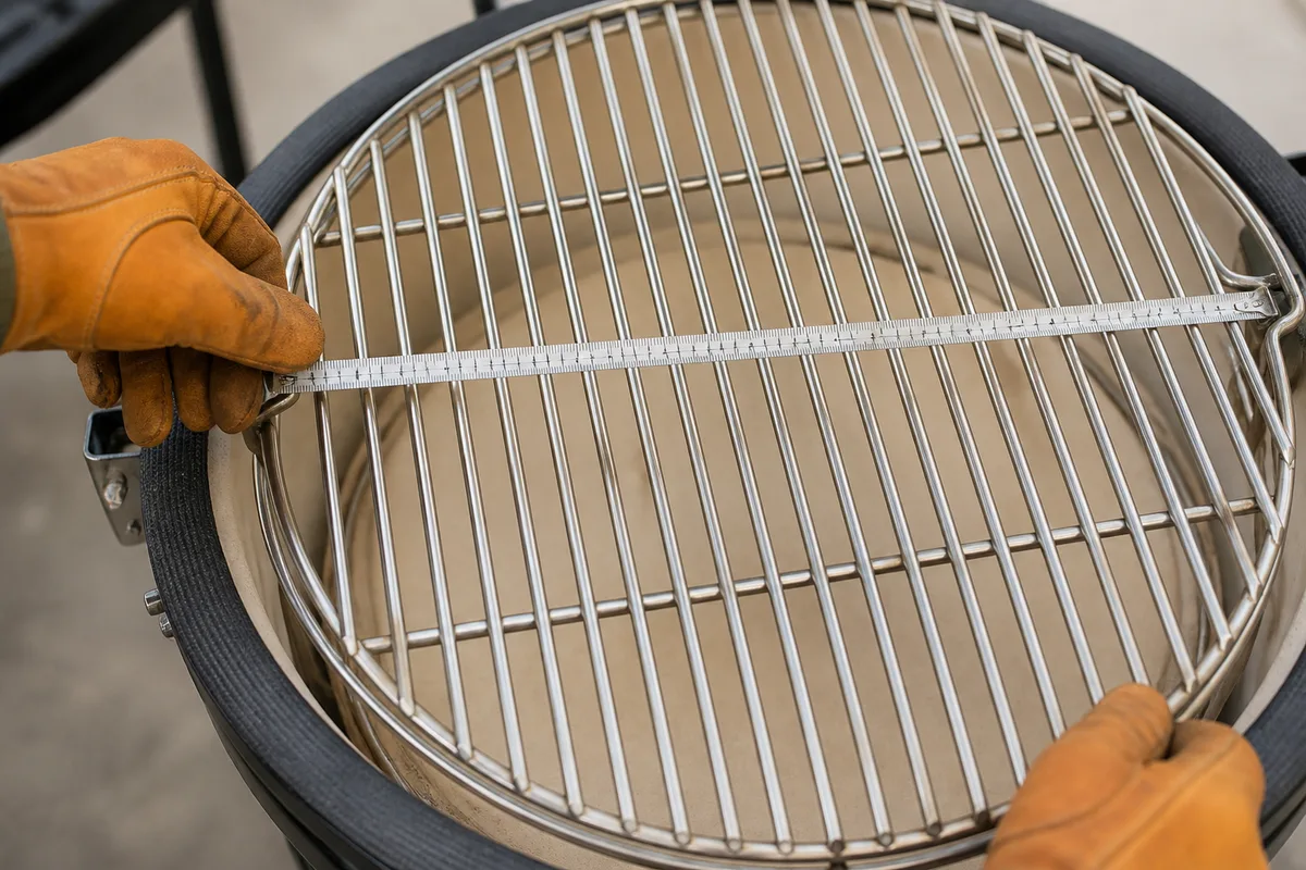 Mains gantées mesurant le diamètre de la grille d’un barbecue céramique ouvert