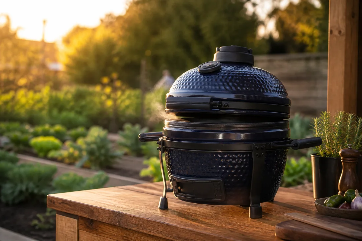Kamado compact posé sur un plan de travail extérieur en bois près d’un potager