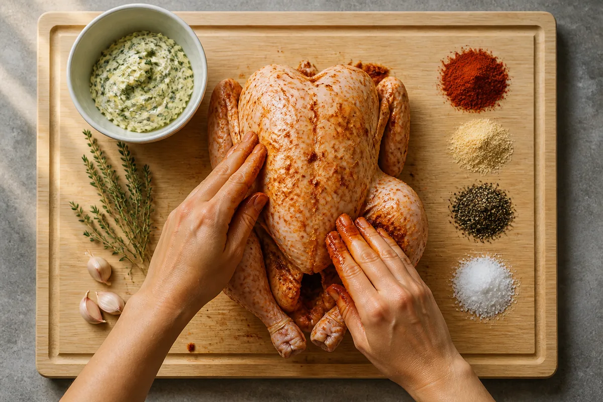 Mains assaisonnant un poulet cru avec un mélange d’épices rouges sur une planche en bois clair