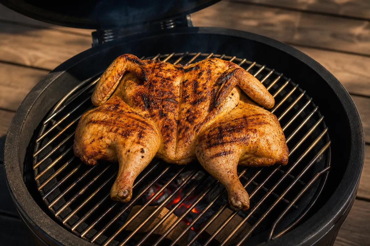 Poulet aplati en crapaudine sur une grille de barbecue céramique, fine fumée bleutée s’échappant du dôme entrouvert
