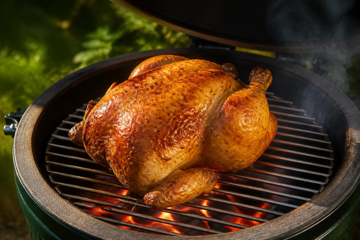 Recette poulet kamado : temps, 180 °C et 74 °C à cœur