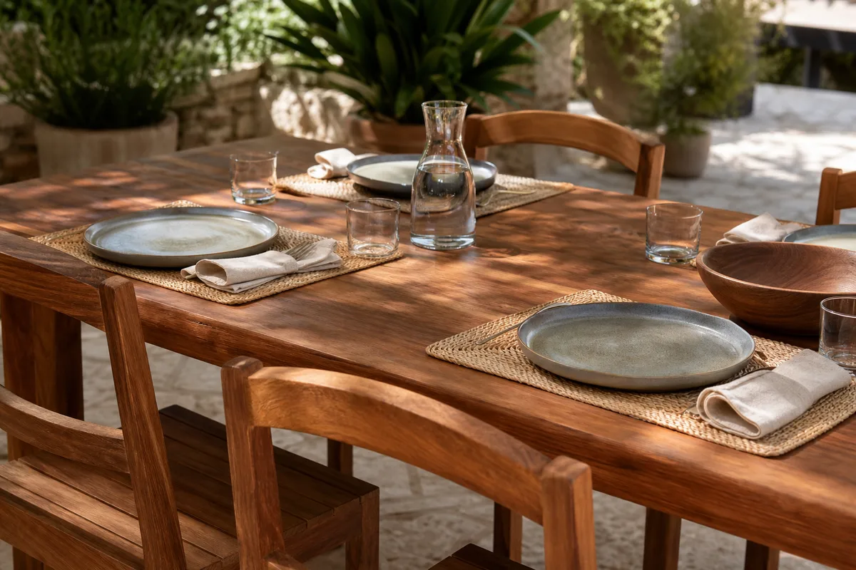 Table de terrasse en teck massif dressée pour un repas sur une terrasse en pierre ensoleillée