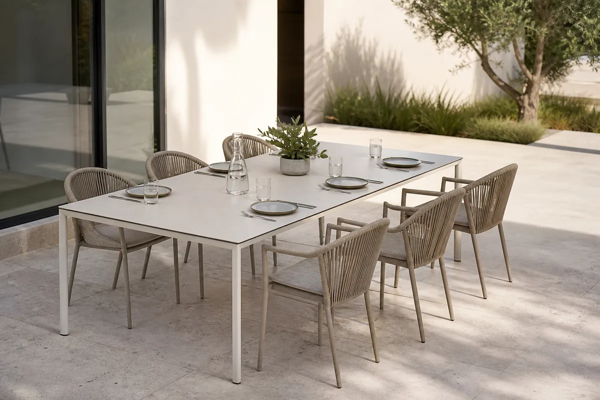 Table de terrasse contemporaine à plateau HPL clair et piètement aluminium sur une terrasse épurée