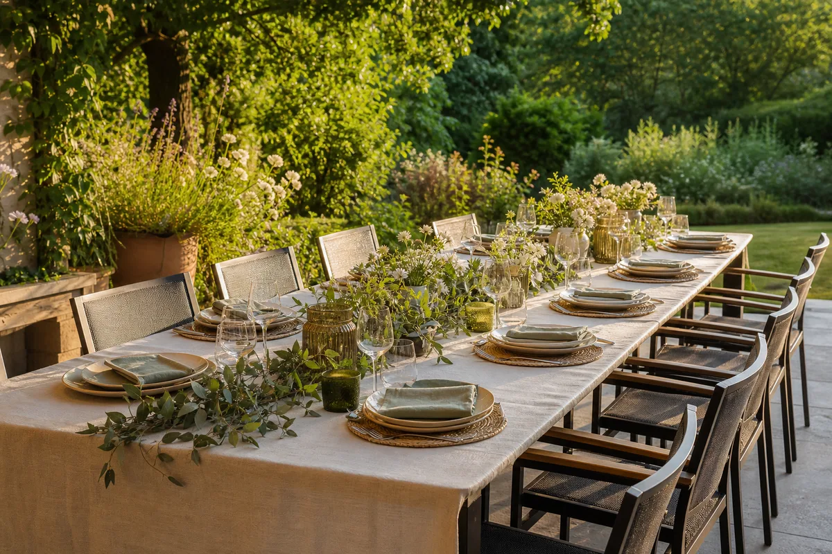 Grande table de terrasse rectangulaire dressée pour recevoir plusieurs convives au bord d&rsquo;un jardin en été