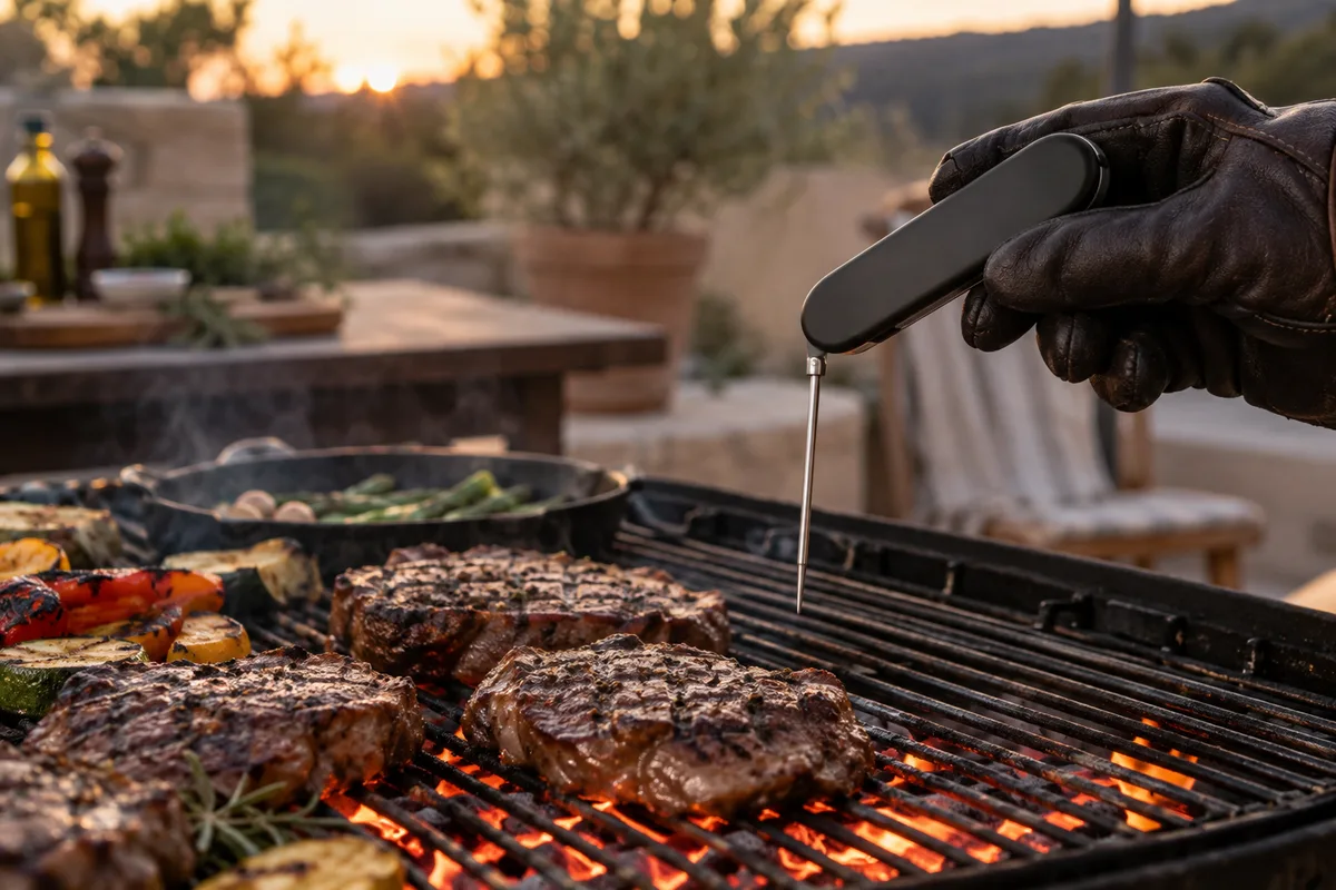 Sonde de cuisson à visée instantanée tenue au-dessus d’une grille de barbecue chargée de braises rougeoyantes