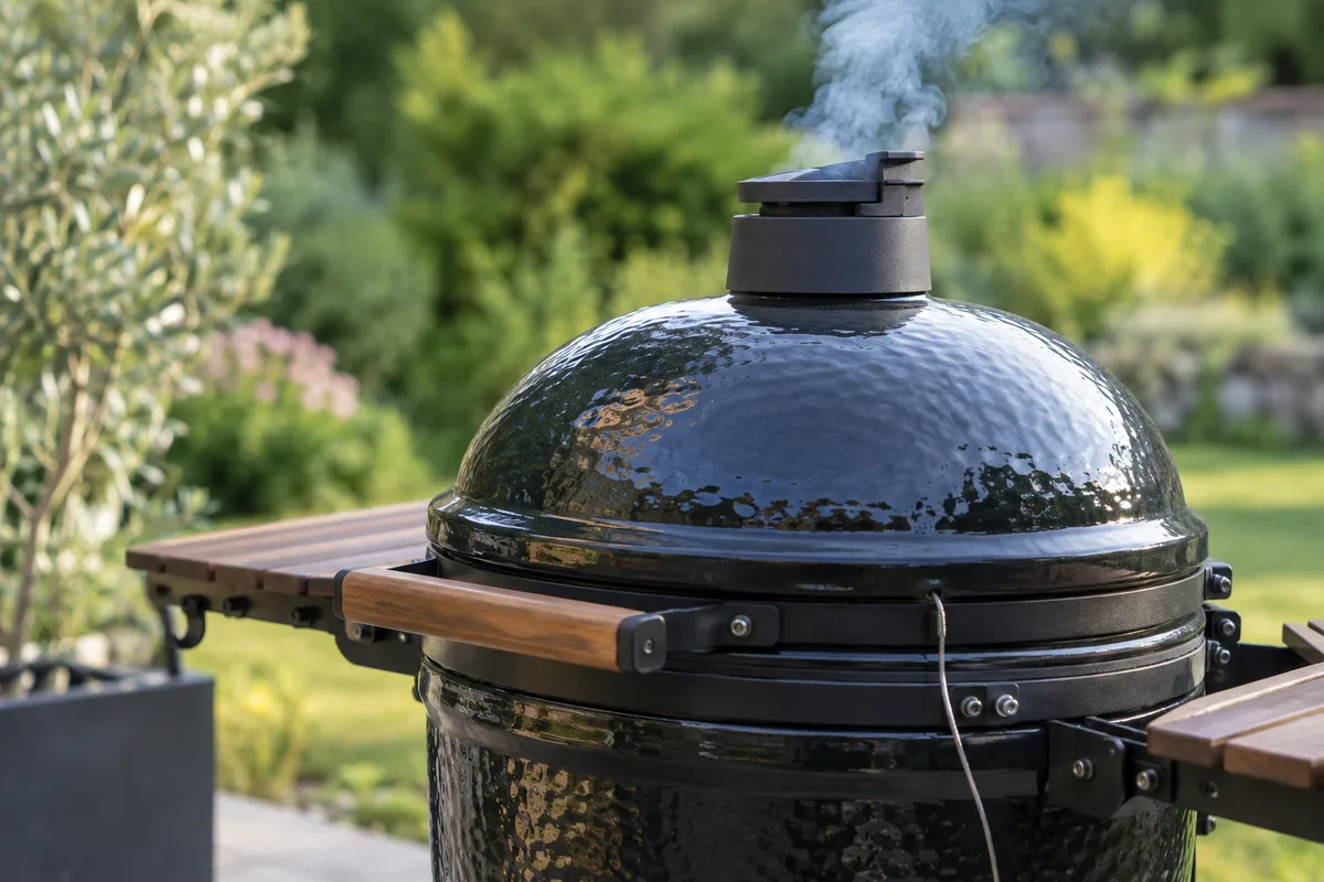 Sonde de cuisson à demeure dont le câble tressé sort par l’ouverture d’un barbecue kamado en céramique fermé