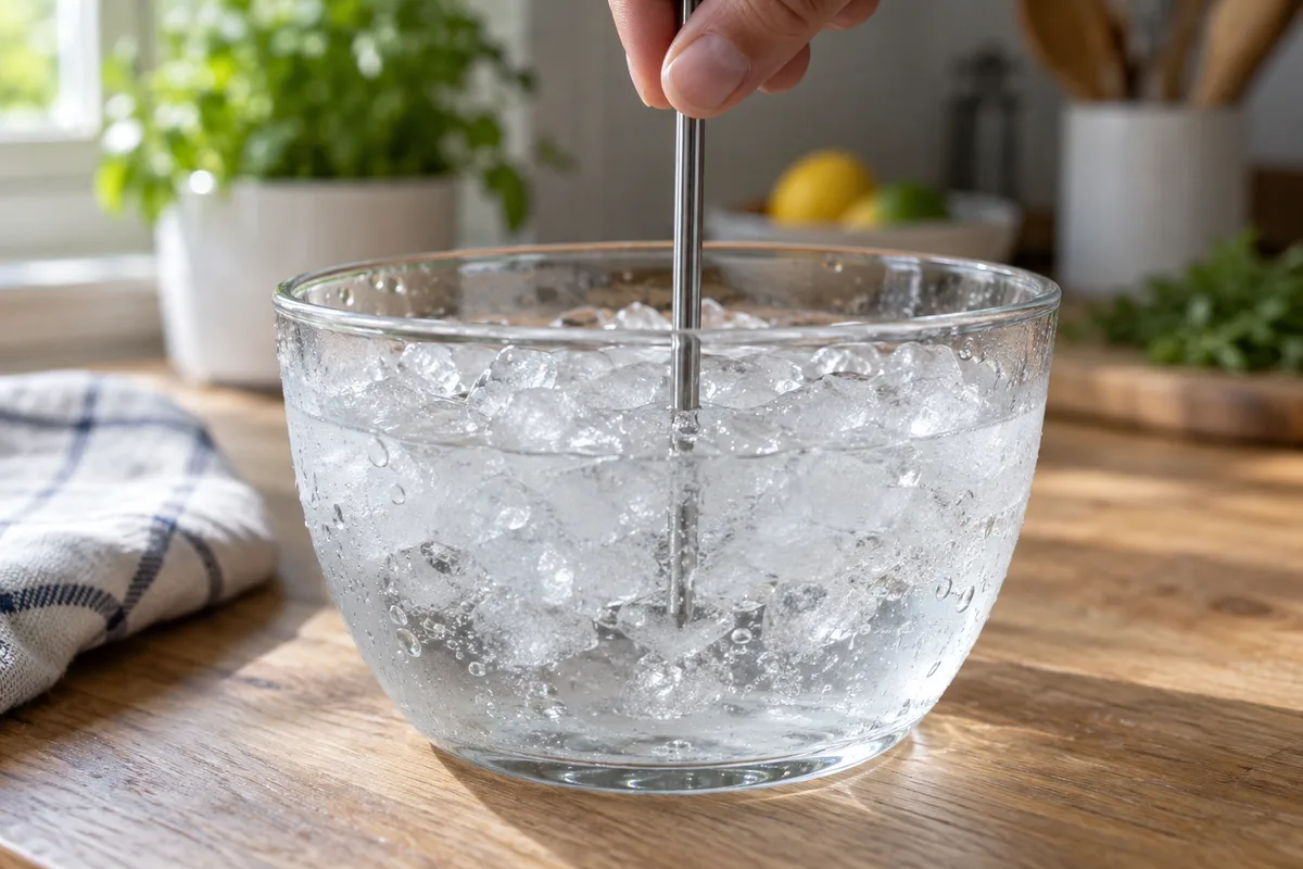 Tige d’une sonde de cuisson plongée dans un bol d’eau glacée sur un plan de travail en bois